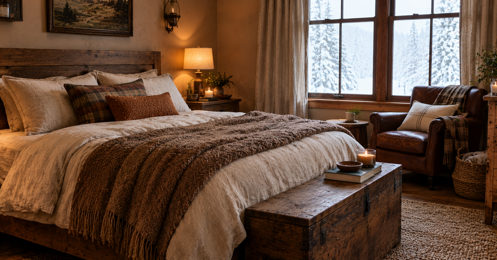 A cozy rustic bedroom with a solid wood bed, soft linen pillows, a chunky wool throw, a brown leather armchair, and a large snowy window overlooking winter trees, illuminated by warm ambient lighting.
