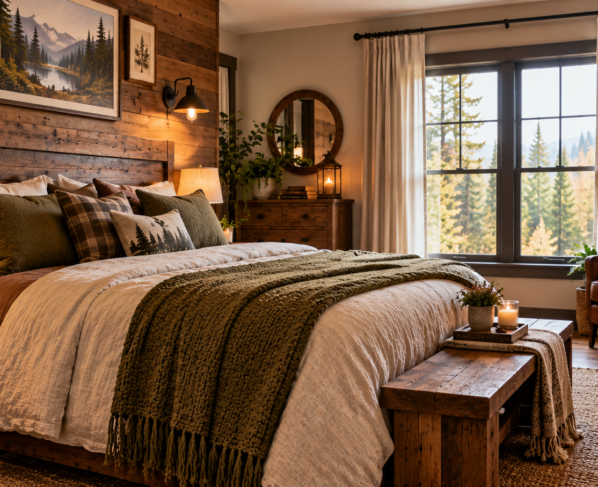 Cozy rustic bedroom with wood bed, wool blanket and warm lamp
