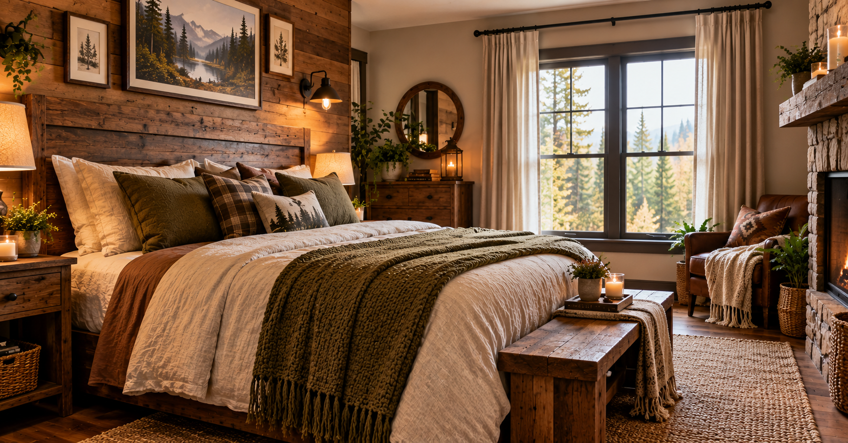 Cozy rustic bedroom with wood bed, wool blanket and warm lamp