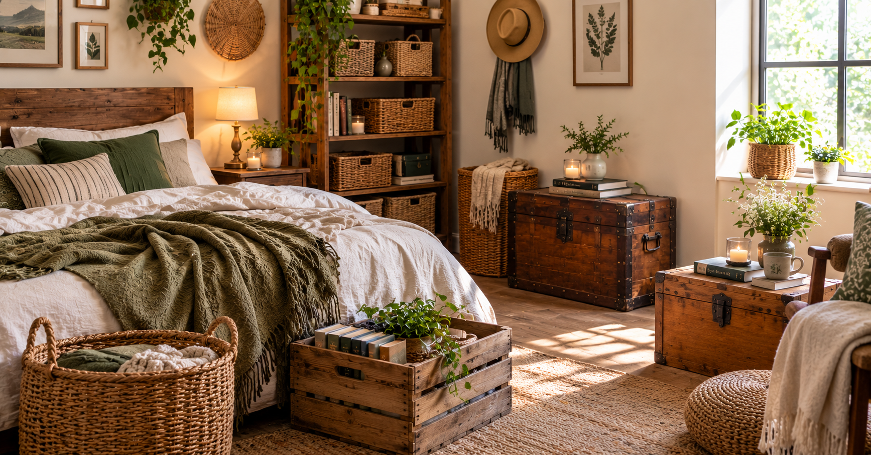 Rustic bedroom ideas with wooden trunk, baskets and cozy green bedding