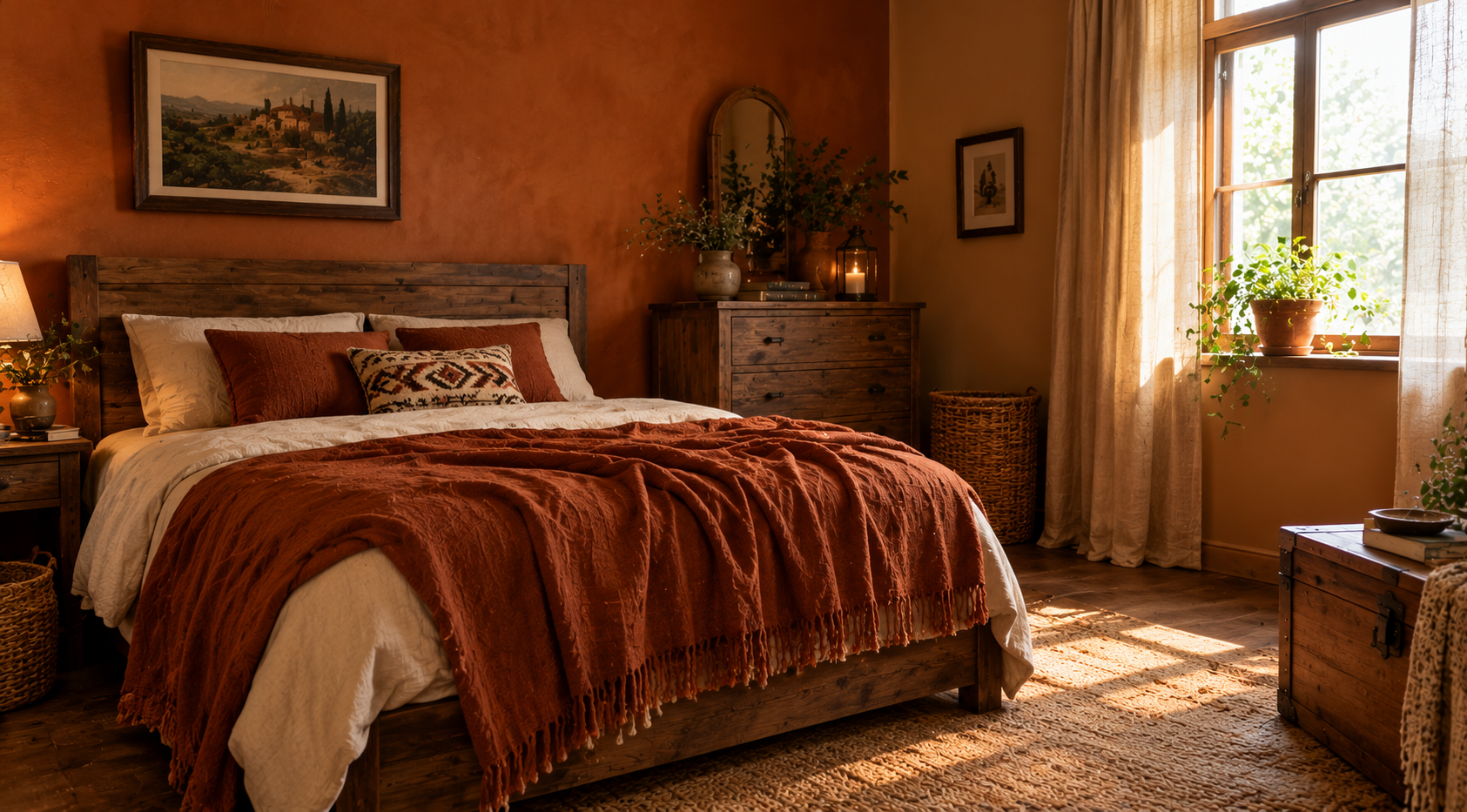 Rustic bedroom with terracotta walls, a wood bed and a rust-colored blanket