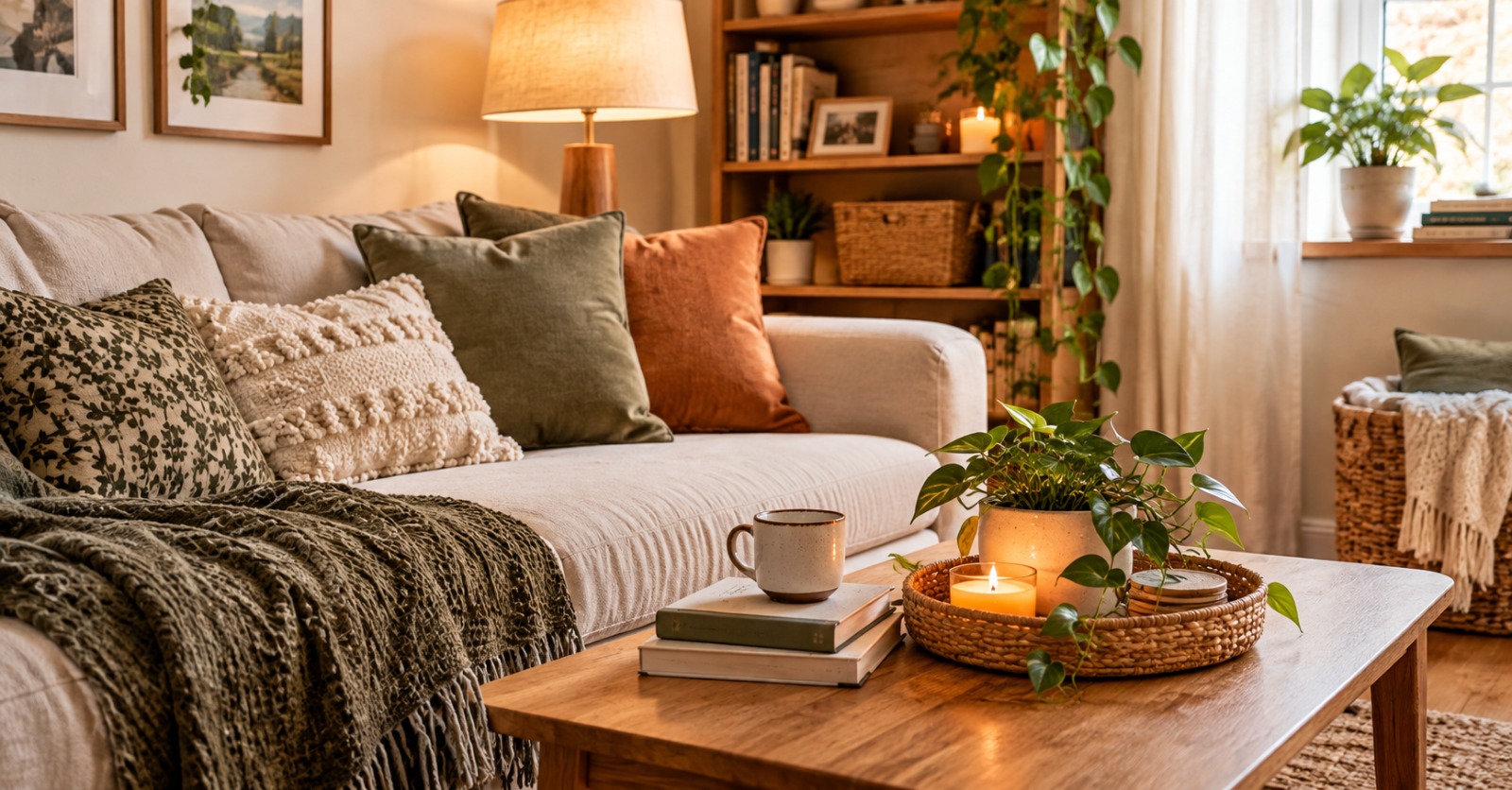 cozy small room with soft pillows and shelves