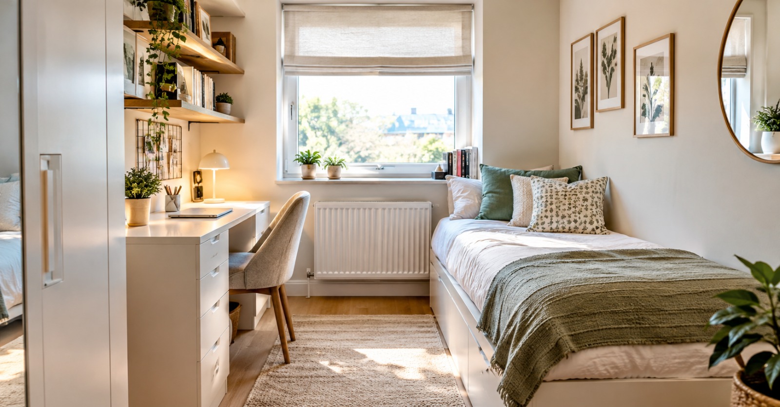 small room makeover ideas with light paint and mirror