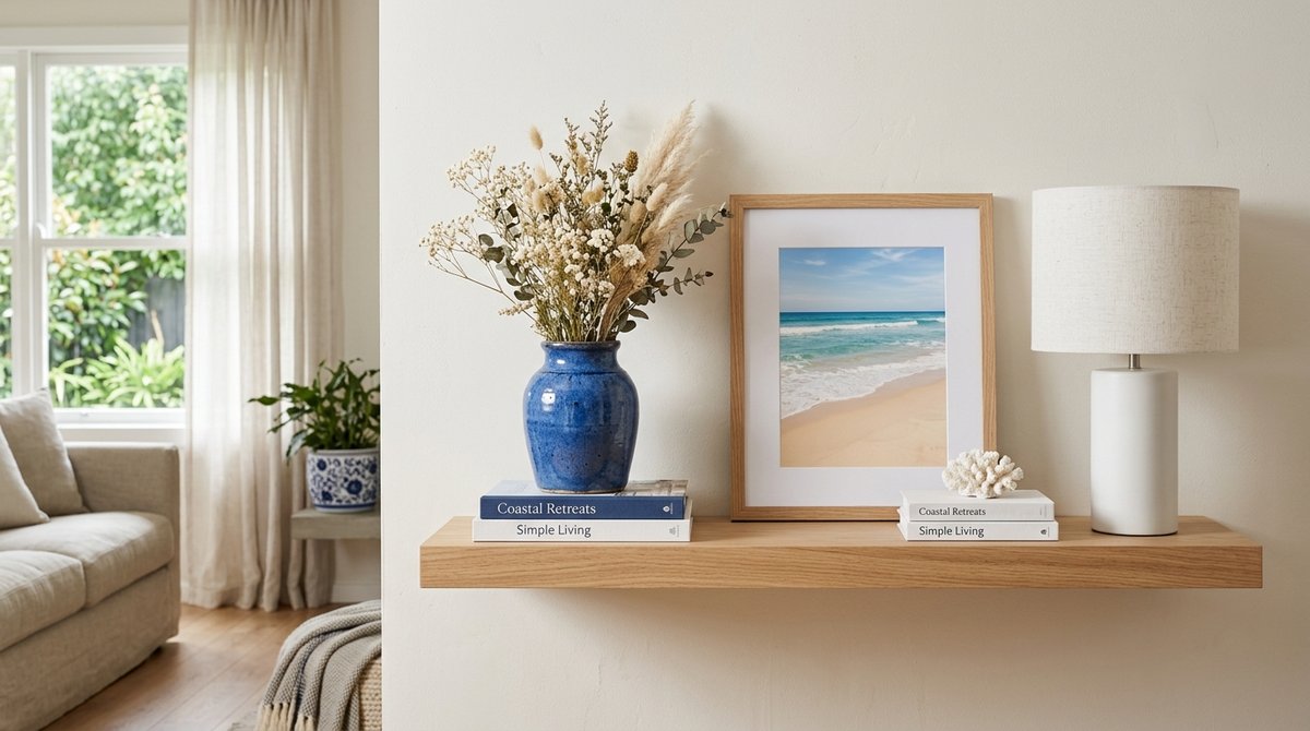 Shelf styled in blue and white with a vase, lamp and beach photo
