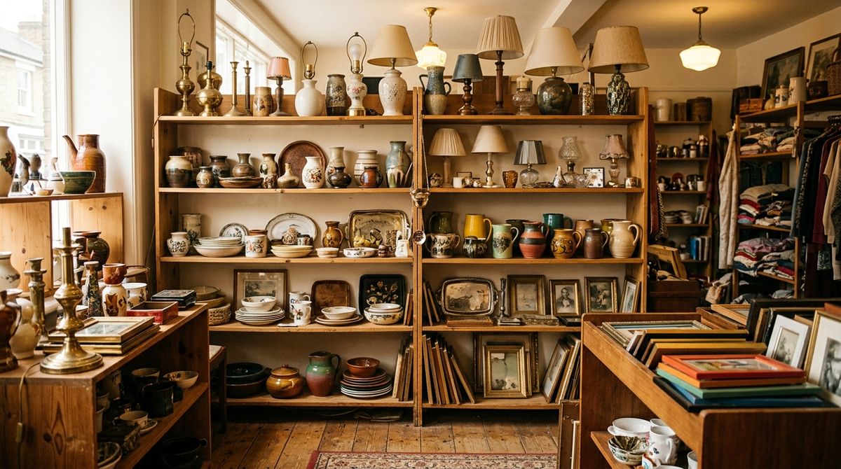 Shelves of secondhand lamps, vases and frames inside a charity shop