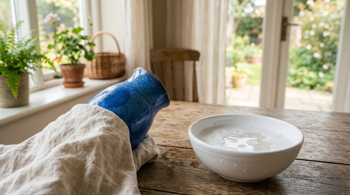Bowl of warm soapy water and a rag for cleaning a vintage ceramic vase