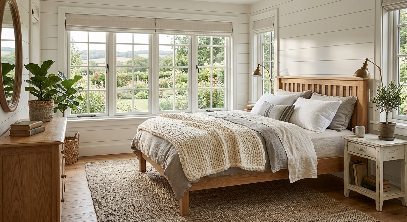 Farmhouse bedroom with a wood bed, knit blanket and a round wood mirror by big windows