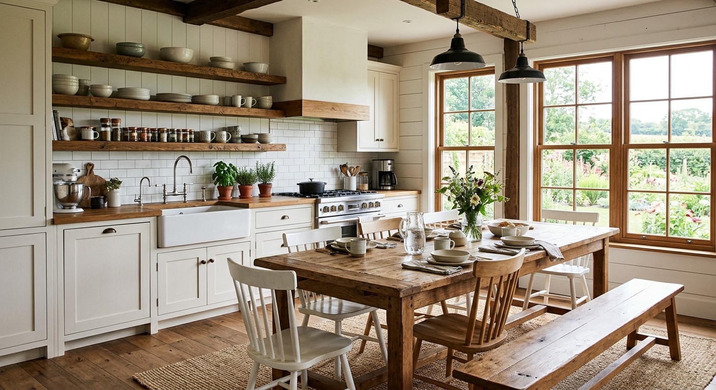 Farmhouse kitchen with a farm sink, long wood table and bench
