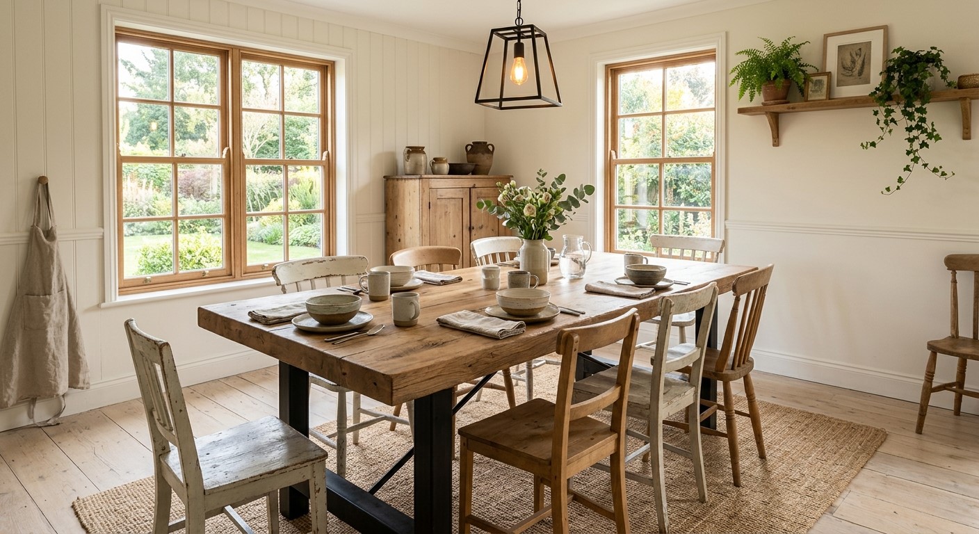 Farmhouse dining table in wood with warm white walls and big windows