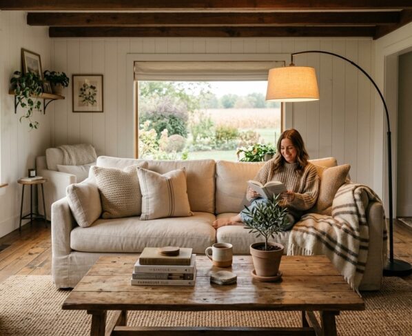 Cozy modern farmhouse interior ideas with a cream sofa, wood coffee table and warm arc lamp