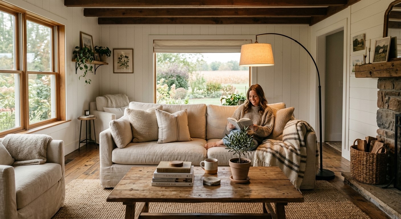 Cozy modern farmhouse interior ideas with a cream sofa, wood coffee table and warm arc lamp