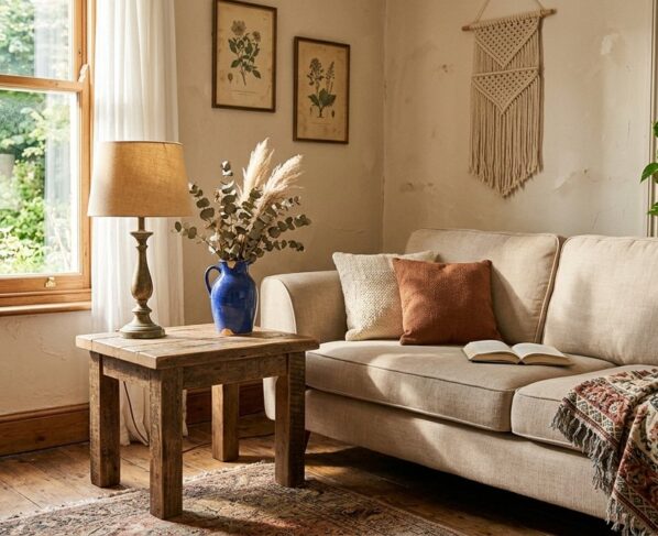 Thrifted home decor brass lamp and blue vase on a side table by a couch