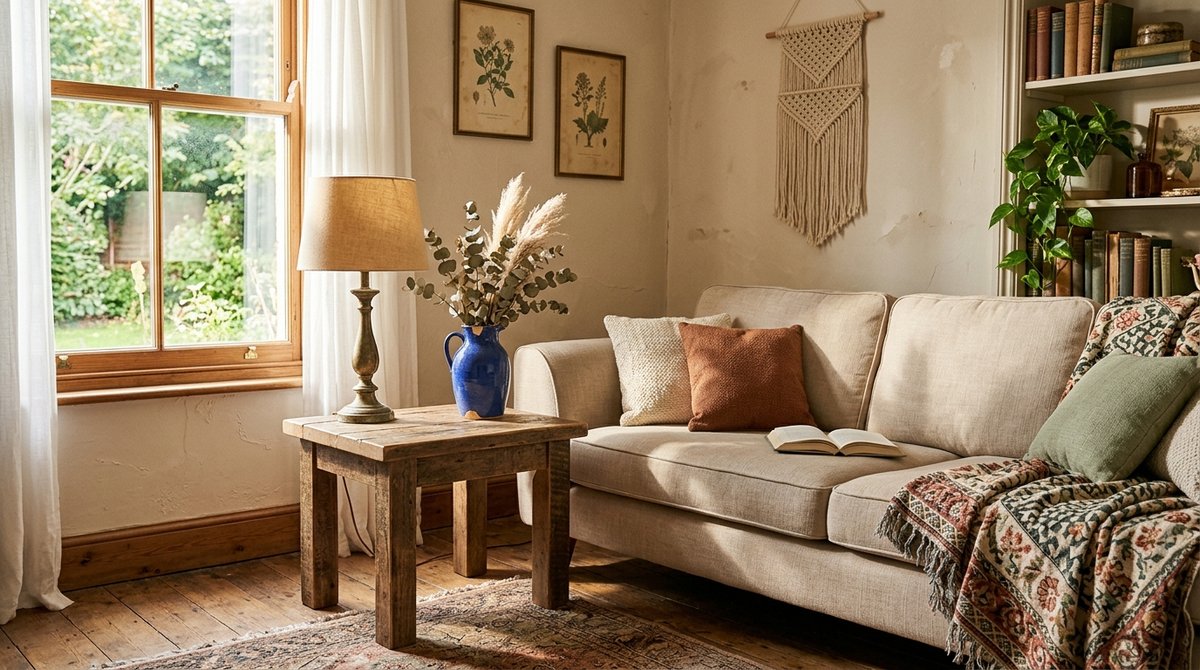 Thrifted home decor brass lamp and blue vase on a side table by a couch